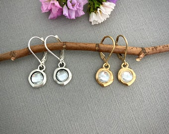 Rhinestone earrings, small dainty modern simple antique silver or gold leverback earrings, Bohemian jewelry, everyday earrings E624