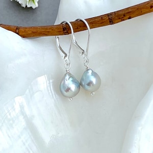 Akoya pearl drop earrings sterling silver leverback earrings natural light blue saltwater drop pearls simple pearl earrings E567S
