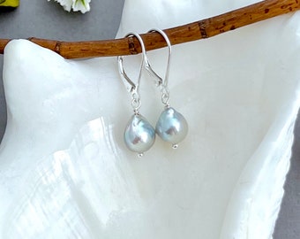Akoya pearl drop earrings, sterling silver leverback earrings, natural light blue saltwater drop pearls, simple pearl earrings E567S