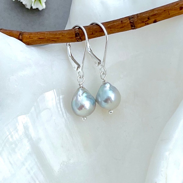 Akoya pearl drop earrings, sterling silver leverback earrings, natural light blue saltwater drop pearls, simple pearl earrings E567S