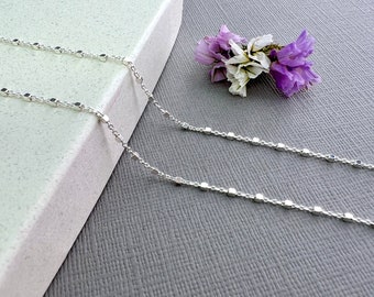 Sterling silver chain for pendant, silver cube bead cable chain, small end loop, satellite station chain, 16, 18 inches, layering jewelry