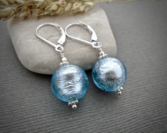 Aquamarine Murano glass earrings, round Venetian silver foil lampwork bead 12mm, leverback earrings, Mother's day gift, gifts for mom MR665S