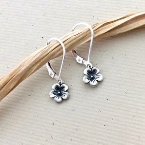 Cherry blossom earrings, dainty flower earrings, sterling silver leverback earrings, small flowers, simple minimalist everyday jewelry E559