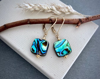 Abalone earrings, Paua shell earrings, gold filled leverback earrings, everyday beach jewelry, turquoise blue green 12mm square E494G-sm