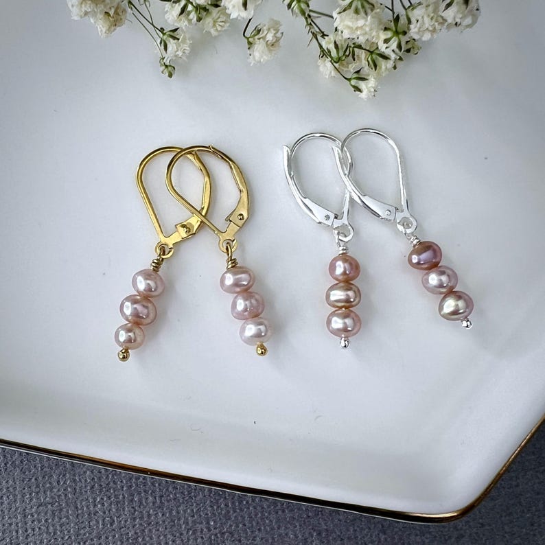 Dainty Pearl Jewelry Pink Freshwater Earrings Stacked Trio Design Birthday Gift Idea Bridesmaid Present Wedding Accessory Bridal Collection Feminine Style Elegant Look Minimalist Jewelry Gold Filled Option Sterling Silver Choice Comfortable