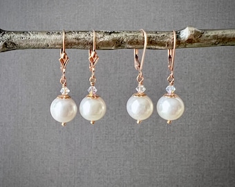 Rose gold pearl drop earrings with crystal accents, leverback earrings, white pearls, dainty bridal earrings, bridesmaid gift E691R