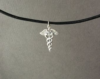 Medical symbol necklace, snake and staff, Nursing, Medical school graduation gift, health care practitioner, gift for man MS103