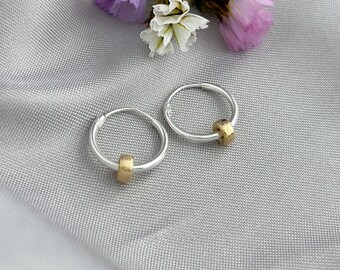 Tiny silver hoops with gold stardust bead, sterling silver endless hoops, mixed metal two tone everyday jewelry E679