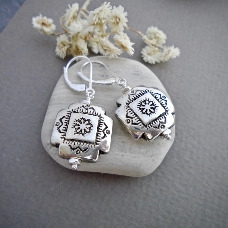 Southwestern vintage style silver Concho earrings dainty dangle leverback earrings New Mexico Santa Fe style western jewelry E657 image 2
