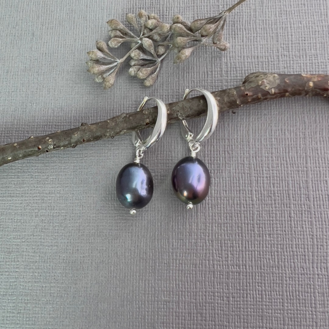Black Pearl Drop Earrings Round Leverback Earrings Sterling - Etsy