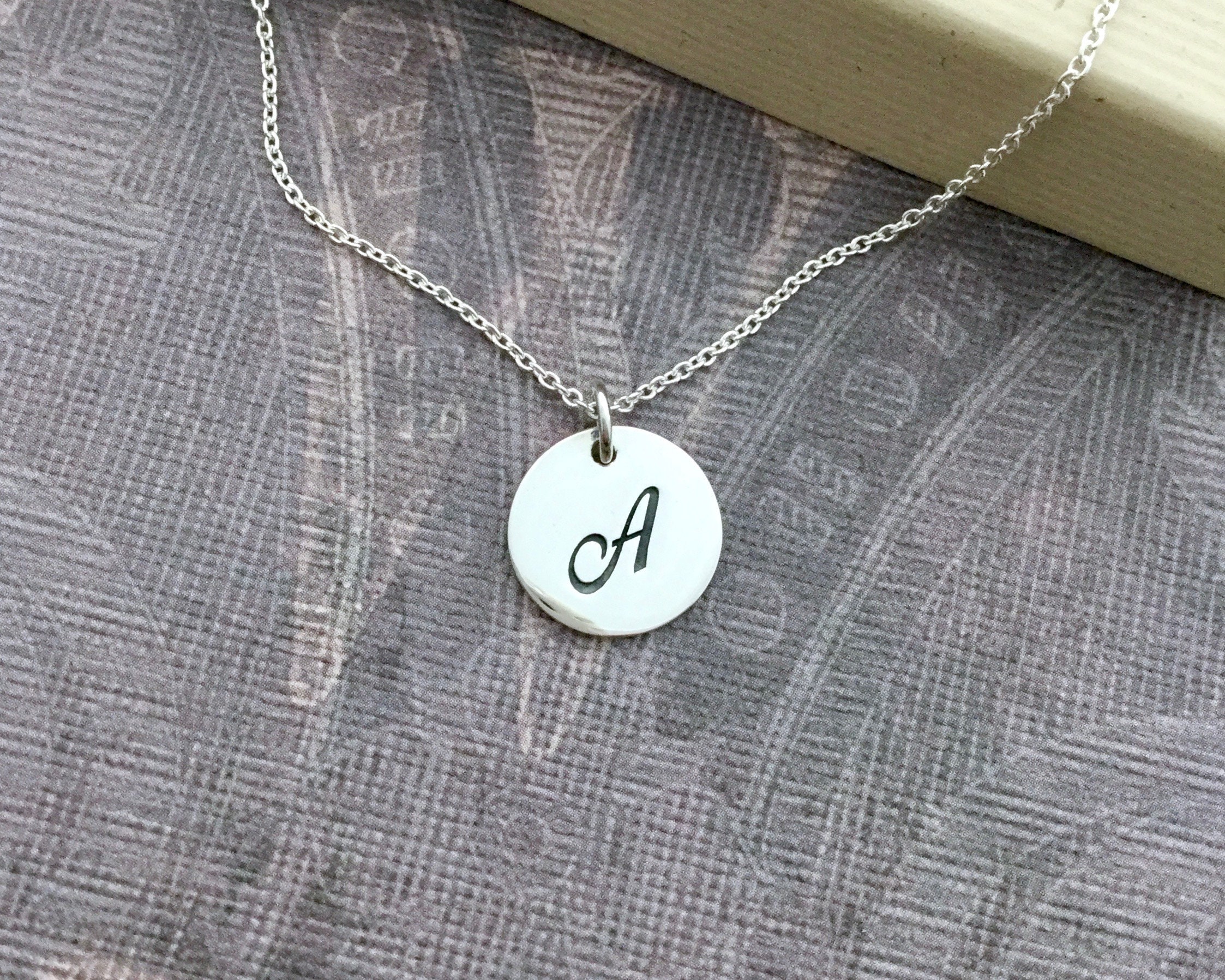 Initial Necklace Script Cursive Letter Necklace Round Sterling Silver ...