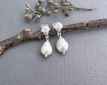 Pearl drop earrings, baroque pearl silver post earrings, seashell stud, beach jewelry, dainty earrings, Mother's day gifts for mom E656