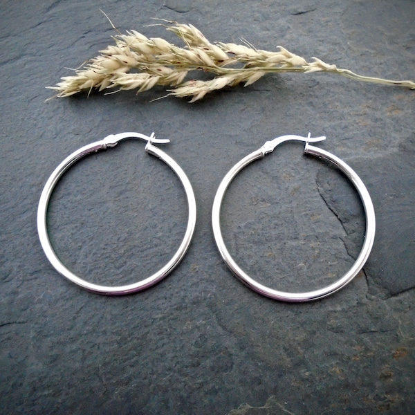 Sterling silver hoop earrings, round tube hoops 1, 1-3/8 or 2 inch diameter, Boho, Bohemian minimalist jewelry, large thin hoop CG628S