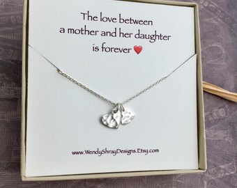 Mother daughter gift necklace, sterling silver or gold vermeil hammered heart necklace, two hearts, gift for mom N258