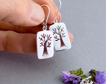 Sterling silver Tree of Life earrings, leverback ear wires, polished silver rectangle earrings, minimalist jewelry E253S