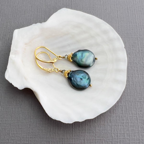 Coin pearl earrings, blue green freshwater flat baroque pearls, gold filled leverback earrings, teal green boho earrings E165