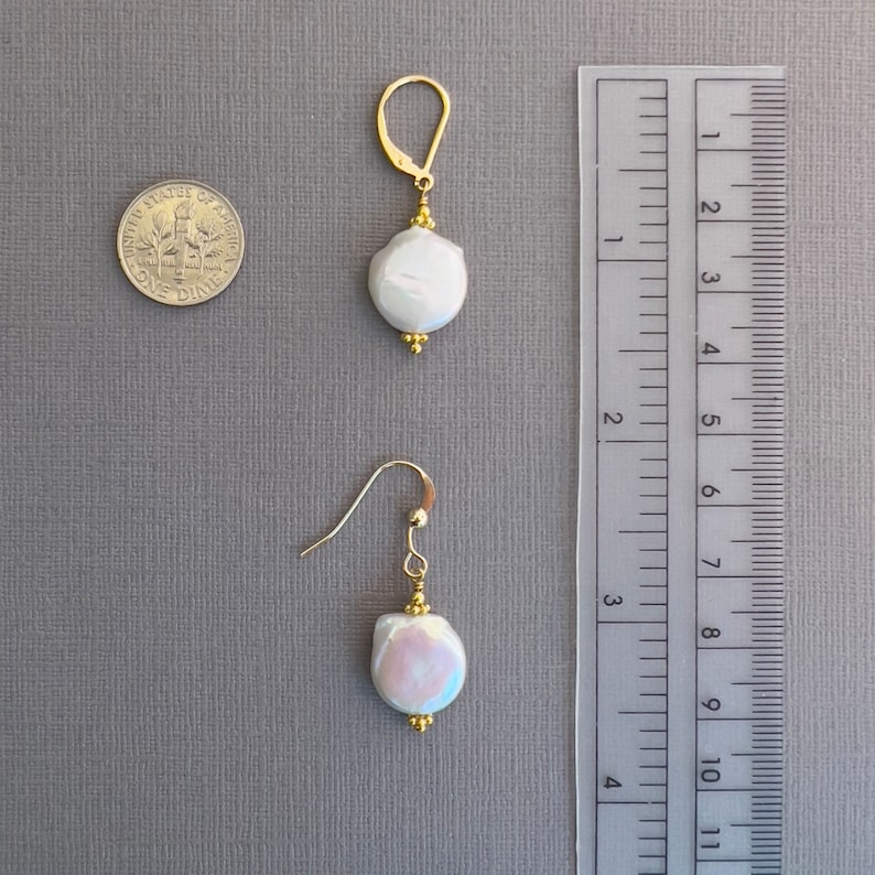 White coin pearl earrings, freshwater baroque real pearls, gold filled lever back dangle earrings. Mother's Day gift ideas for Mom E140G image 9