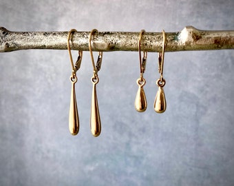 Gold teardrop earrings, gold filled leverback earrings, long dangle drops, modern minimalist earrings E353G