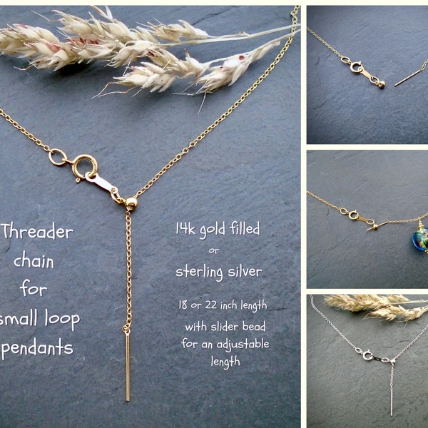 Gold chain for pendant, small diameter threader end for small pendant loop, thin gold cable, box, bead, 18 or 22 inches, adjustable length