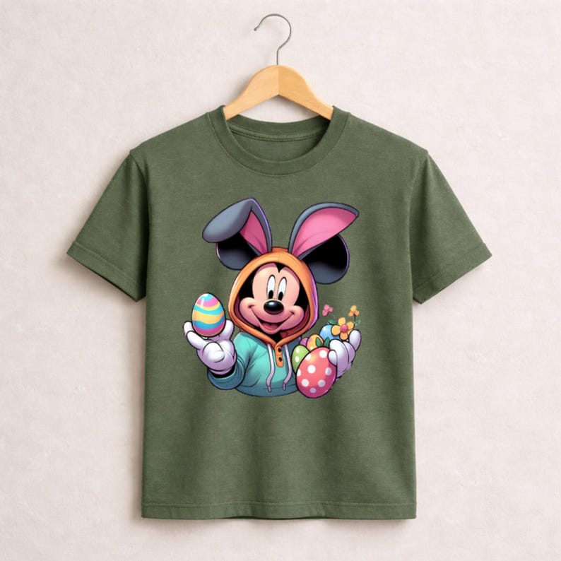 May include: Olive green t-shirt featuring a cartoon Mickey Mouse character dressed as the Easter Bunny. Mickey is holding colorful Easter eggs and flowers. The design includes a hooded sweatshirt and bunny ears.