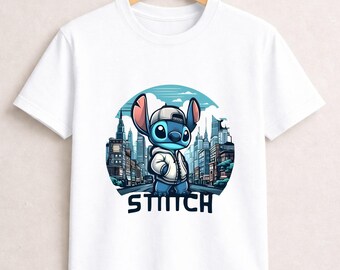 Camiseta de Stitch de ciudad, camiseta de Stitch de Disney, camiseta de Stitch de calle, camiseta de Stitch de dibujos animados urbanos, camiseta de Stitch con estilo moderno, camiseta de Stitch de estilo urbano