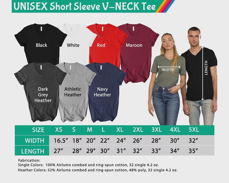 May include: A display of unisex short-sleeve V-neck tees in various colors, including black, white, red, and maroon. The image includes size and measurement details, with widths ranging from 16.5 inches to 32 inches and lengths from 27 inches to 35 inches.