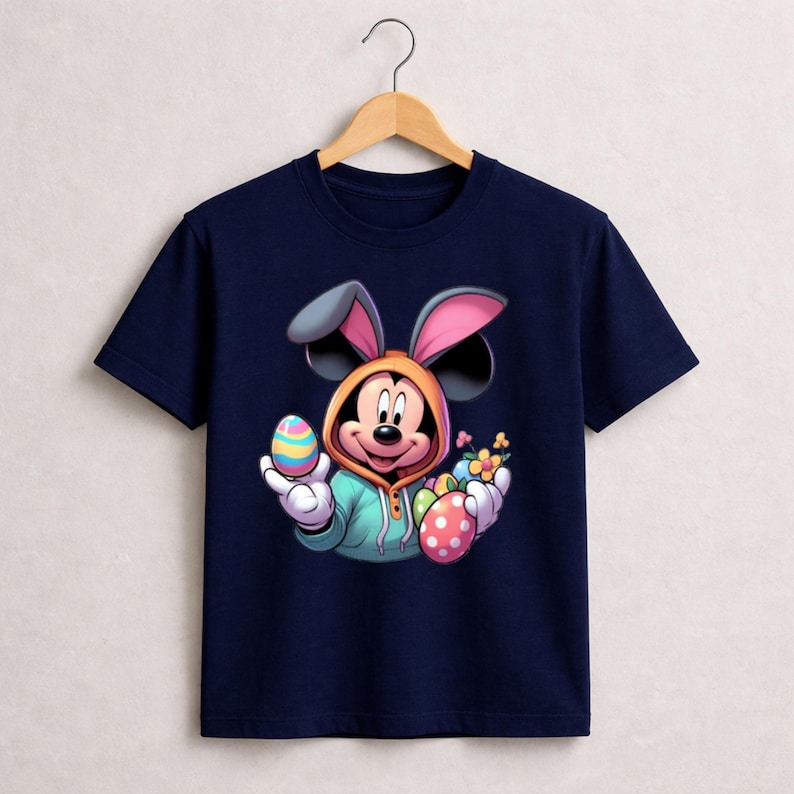 May include: Navy blue t-shirt featuring Mickey Mouse dressed as a bunny holding Easter eggs and flowers. The cartoon character wears a hooded sweatshirt with bunny ears. The eggs are colorful with polka dots and stripes.