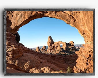 Arte mural del Parque Nacional Arches / Arco de la Ventana Norte y Torreta / Paisaje mural del desierto de Moab, Utah