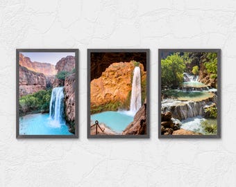 Conjunto de impresiones de las cascadas de Havasupai / Cataratas de Havasu, Cataratas Mooney y Cataratas Beaver / Arte mural del cañón de Arizona / Tríptico de paisaje desértico