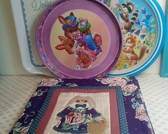 Easter Bunny Basket Handmade Appliqué Quilt Plate Mats And Three Trays Lot