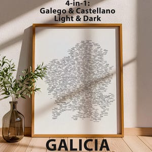 Mapa de nombres de Galicia (paquete de 4 mapas: gallego y español) / Póster de Galicia, arte mural
