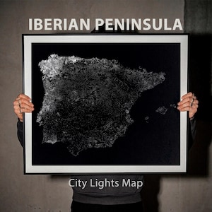 スペインとポルトガルの街灯マップ（明暗別）| データビジュアライゼーション、ミニマリストポスター
