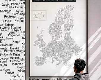 Mapa de Europa para pared / Póster con visualización de datos de nombres de ciudades, impresión en idiomas nativos, decoración de viaje de gran tamaño