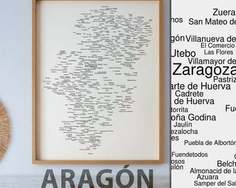 Mapa de nombres de Aragón (incluye colores claros y oscuros) / Póster de Zaragoza, España, arte mural minimalista