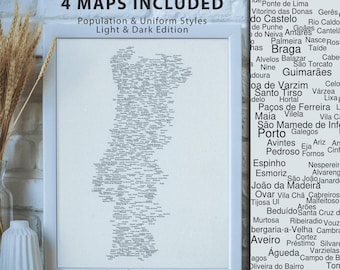 Impresión artística del mapa de Portugal (claro y oscuro) / Póster tipográfico, arte mural costero