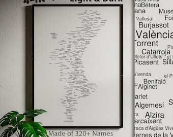 Mapa de nombres de Valencia (claro y oscuro) / Póster de Valencia, España, arte mural minimalista