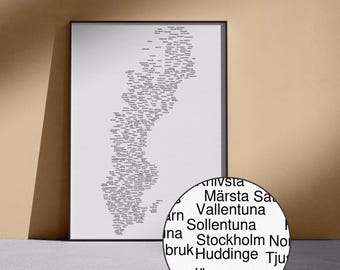 Mapa de nombres de Suecia (claro y oscuro) / Arte escandinavo, póster tipográfico