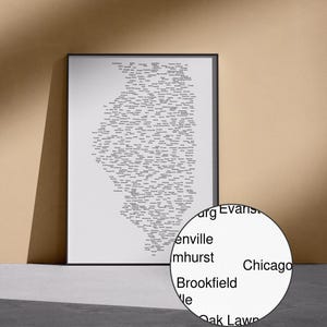 Op de afbeelding: Een zwart-wit afdruk met een lijst van de steden in Illinois. De afdruk is geplaatst tegen een neutrale achtergrond.