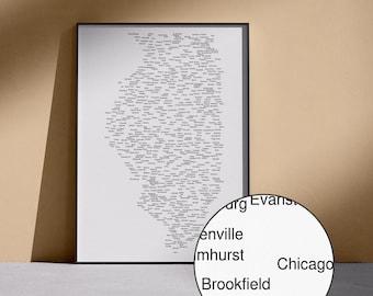 Mapa de nombres de Illinois (incluye versiones claras y oscuras) / Póster tipográfico, decoración de pared industrial