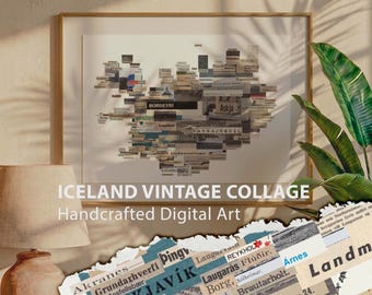 Mapa vintage de Islandia (arte artesanal) / Arte mural de periódico, decoración ecléctica