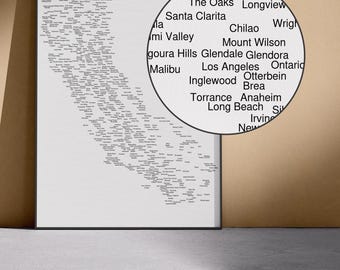 Impresión artística del mapa de California (claro y oscuro) / Póster tipográfico, arte mural de la costa oeste