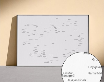 Mapa de nombres de Islandia (claro y oscuro) / Regalo islandés, póster de viaje híbrido