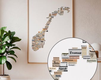 Mapa vintage de Noruega (impresión mate) / Arte mural de periódico, decoración industrial
