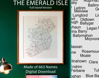 Mapa de nombres de Irlanda (versión completa de la isla) / Póster tipográfico, arte mural celta