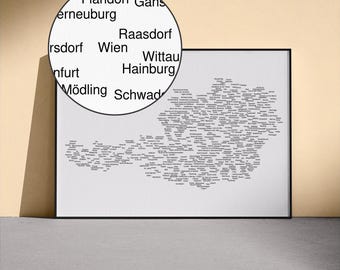 Mapa de nombres de Austria (claro y oscuro) / Arte mural de Viena, decoración de cabañas de esquí