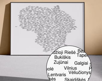 Mapa de Lituania con nombres (incluye versiones claras y oscuras) / Póster tipográfico, Arte mural báltico