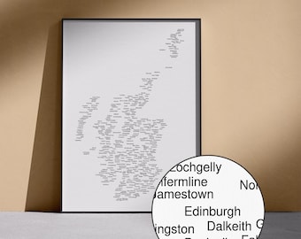 Mapa de nombres de Escocia (incluye versiones claras y oscuras) / Póster tipográfico, arte mural escocés