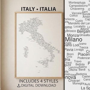 Italy Map Art Print | City Names Typographic Poster, Italian Wall Art