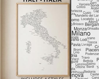 May include: A framed wall art print featuring a typographic map of Italy composed of city names in black text on a white background. The text ITALY ITALIA appears at the top, with INCLUDES 4 STYLES DIGITAL DOWNLOAD printed at the bottom.