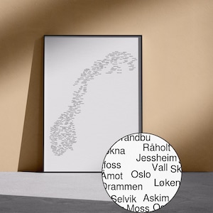 ノルウェーの地名地図 | 都市名のタイポグラフィックウォールアート | データ視覚化ポスター | デジタル